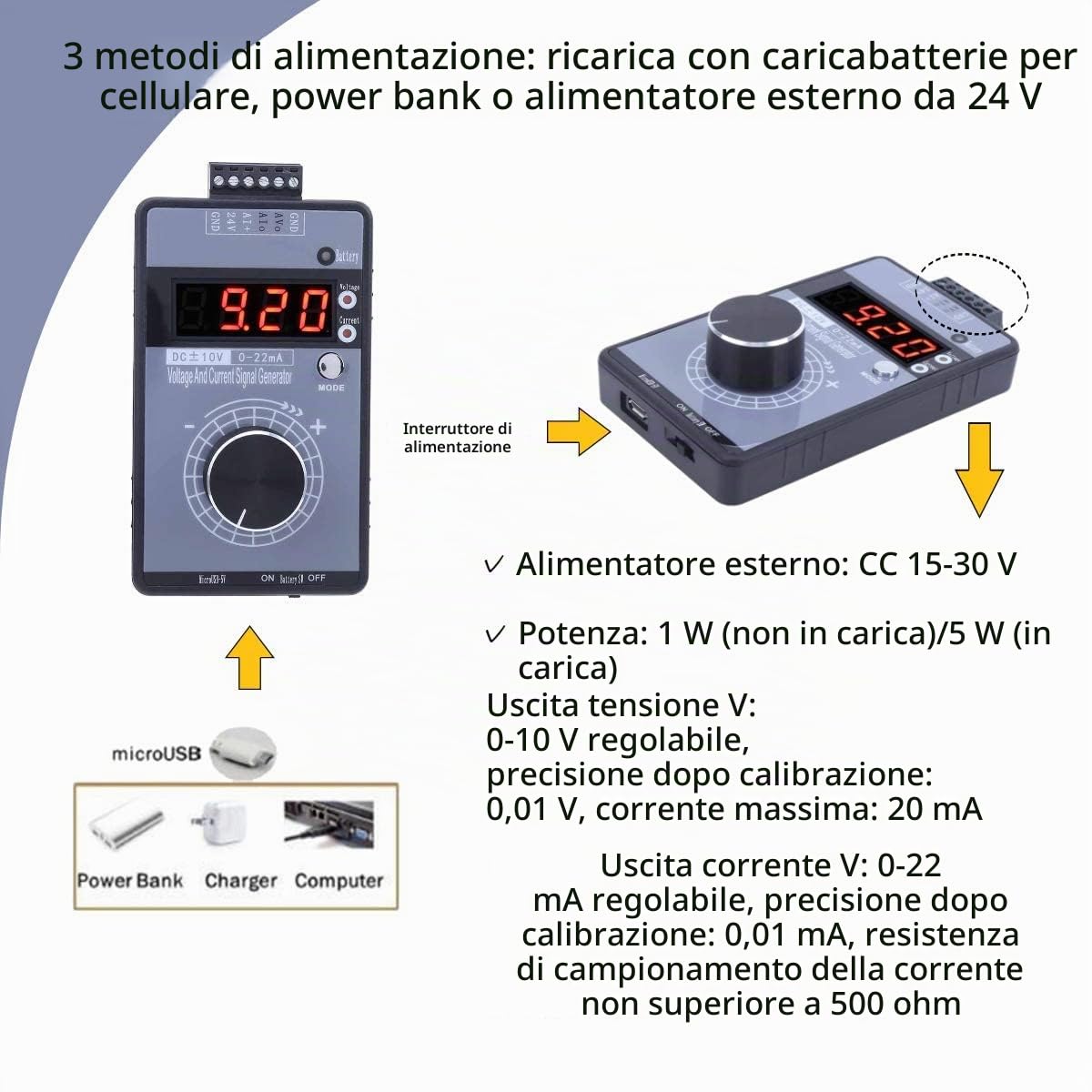 Generatore di segnale di tensione corrente, generatore di segnale digitale Hanheld 0-10 V 0-22 mA Simulatore analogico di tensione di corrente regolabile