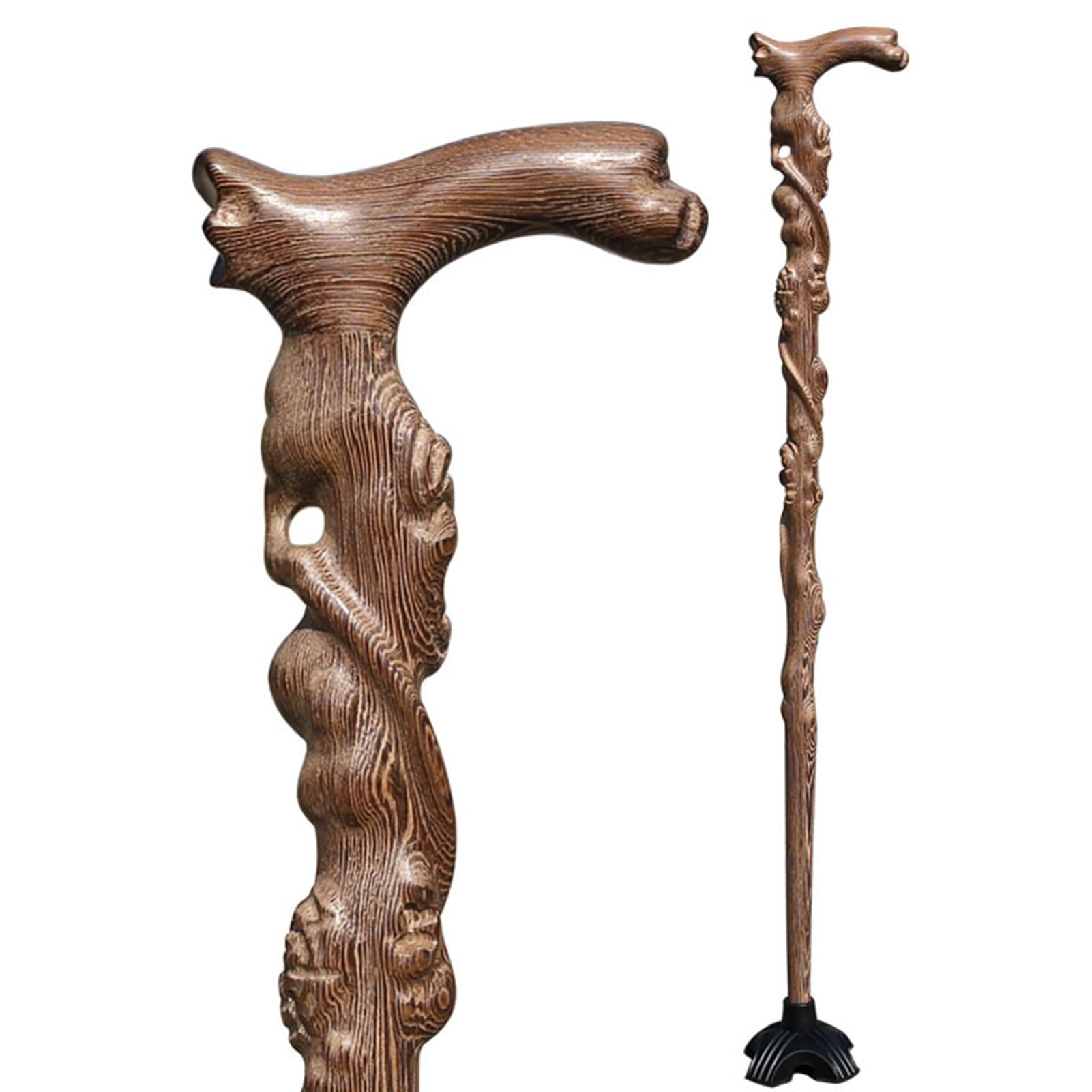 Gehstock Aus Holz Mit Unterstützendem Ergonomischem Handflächengriff Und Gebogenem Griff, Exquisite Schnitzerei Gehhilfe,Handgefertigt Geschnitzte Krücke Geschenk(92cm/36, Quad Base)