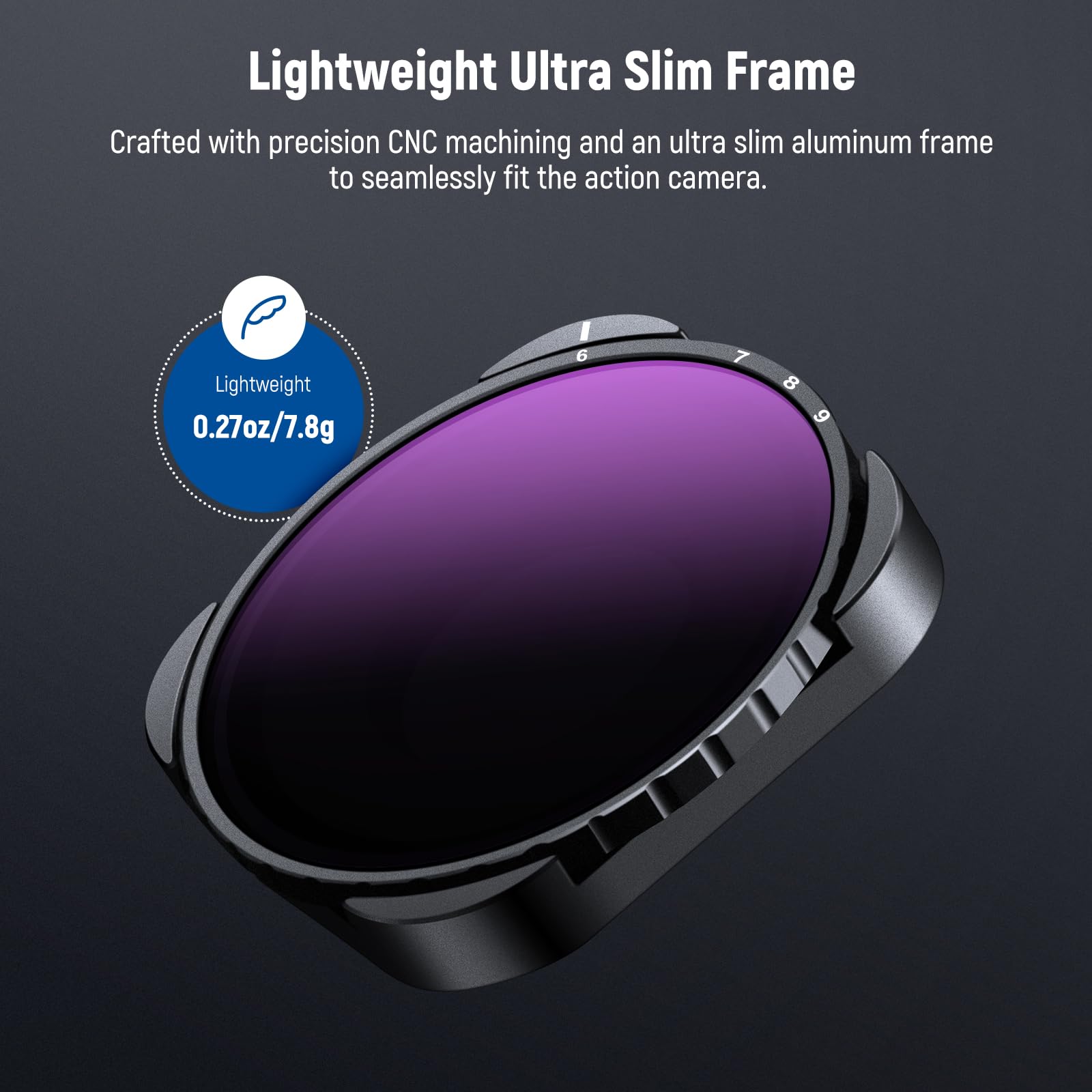 Neewer Zmienny filtr ND64-ND512 kompatybilny z GoPro 9 10 11 12, 5-9 zatrzymuje zmienny filtr ND z wielowarstwowym szkłem optycznym HD HD i smukłą ramką, bez wzoru X