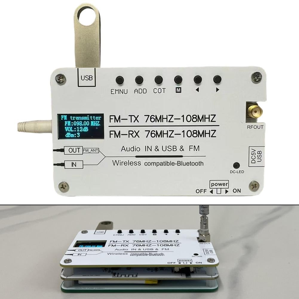 Trasmettitore FM stereo con Bluetooth, frequenza regolabile da 76 a 108 MHz e display OLED, per trasmissione campus e sistemi radio DSP