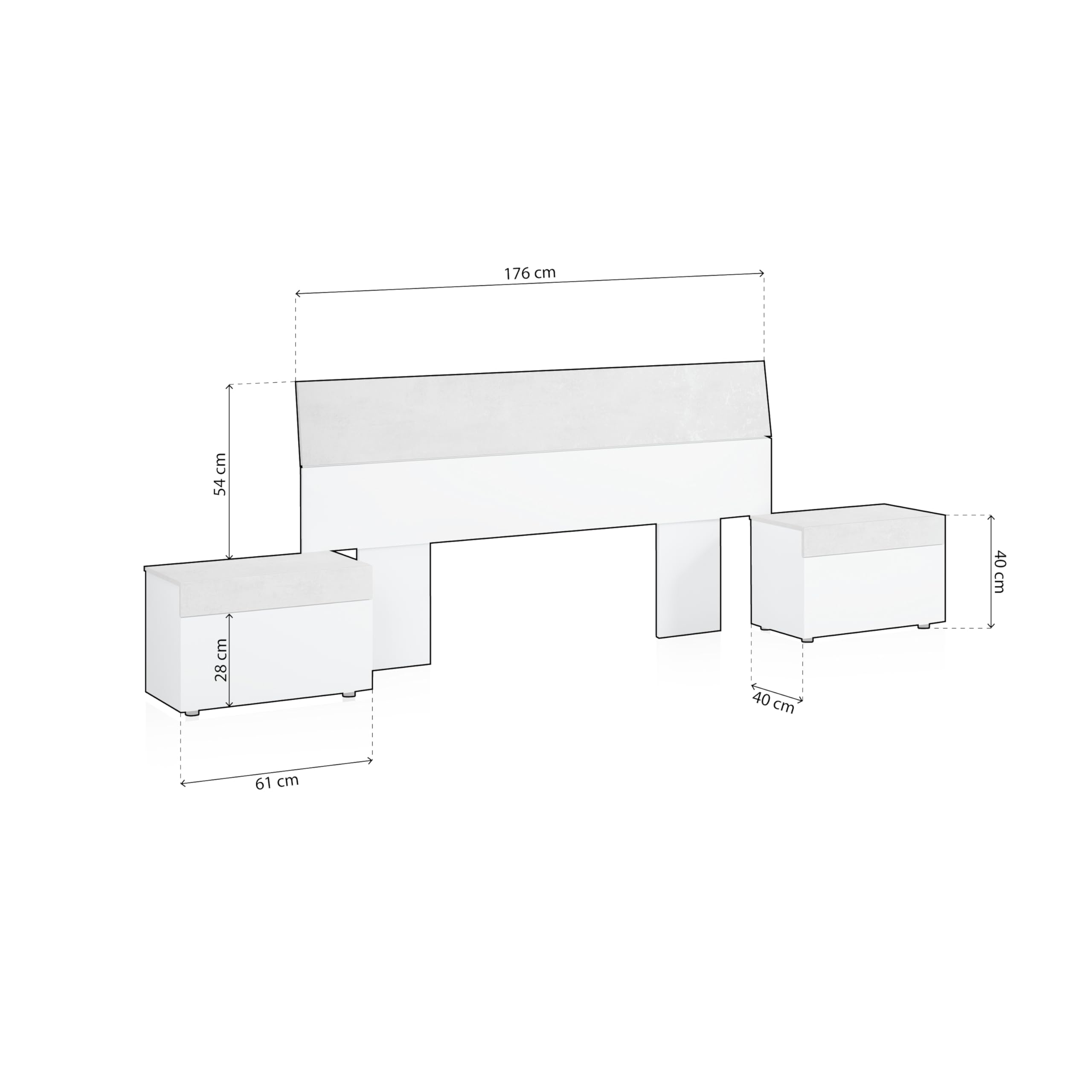 duehome | Cabecero con 2 mesitas, Dormitorio, Modelo Axel, Acabado en Blanco Artik y Gris Cemento, Medidas: 176 cm (Largo) x 96,5 cm (Alto)