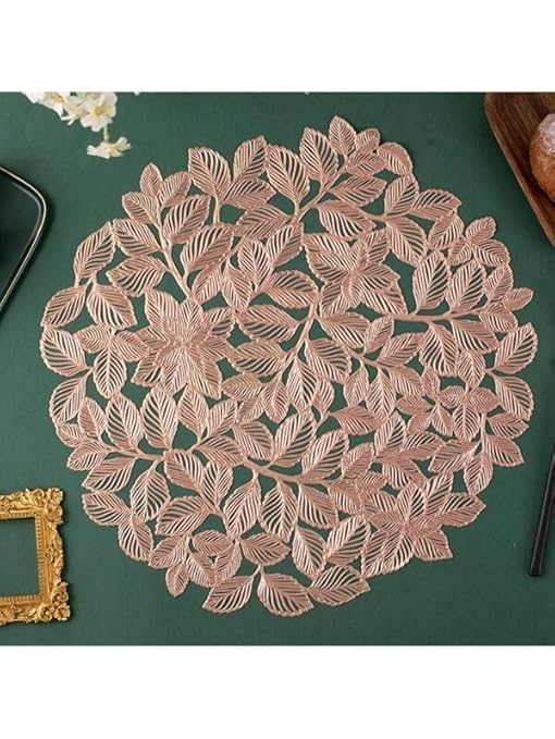 Kritvi Table mat, Place Mat, Round Shape Place Mats, Design Dining Table mats/Dressing Table MATS, Table mat/Round PVC Tab(Color Gold 2pcs, Roundleaf, Rose Gold, Polyester)