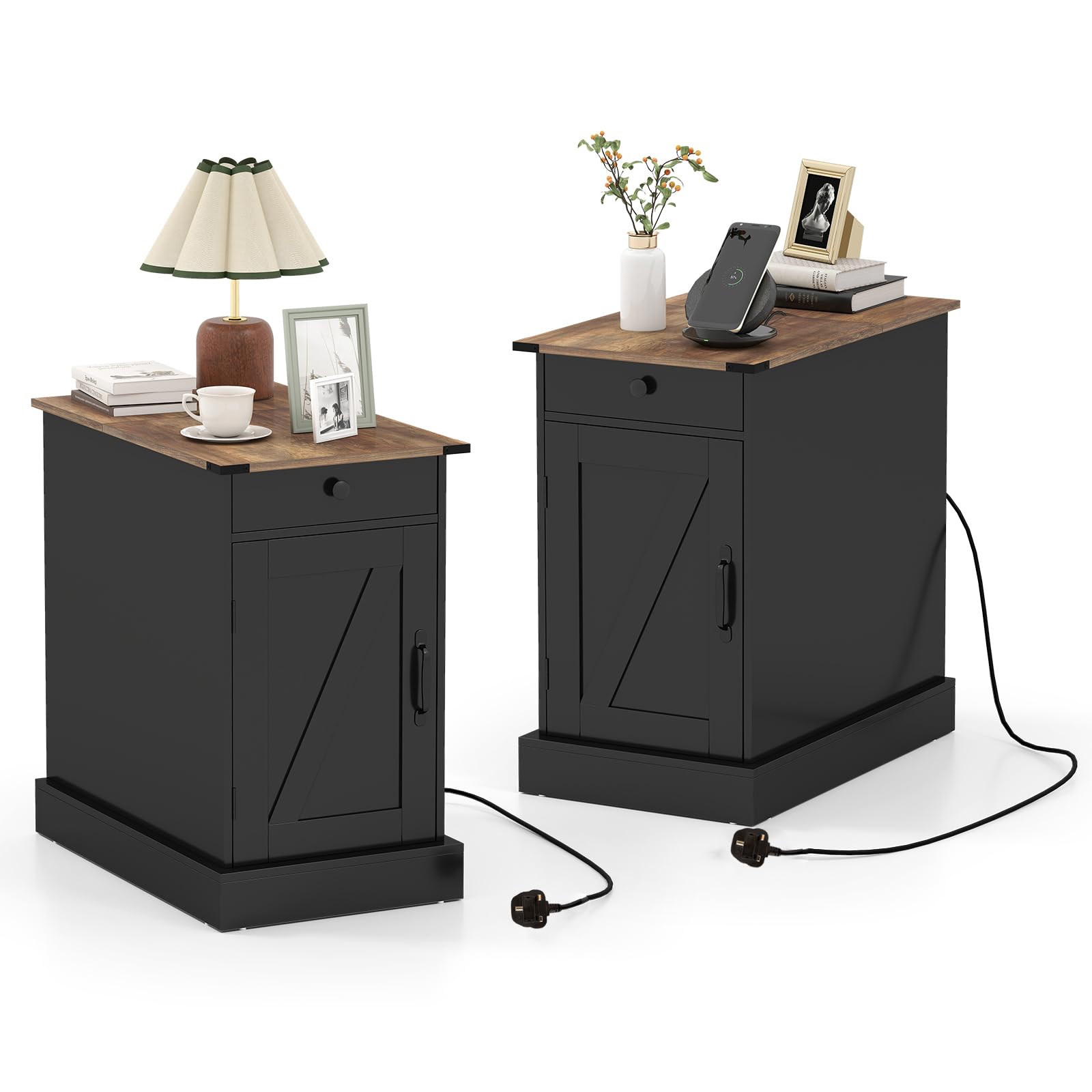 COSTWAY Bedside Table with Charging Station, Wooden Nightstand End Sofa Side Table with Drawer, Cabinet & Adjustable Shelf, Narrow Accent Bedside Cabinet for Small Spaces (2, Black+ Rustic Brown)