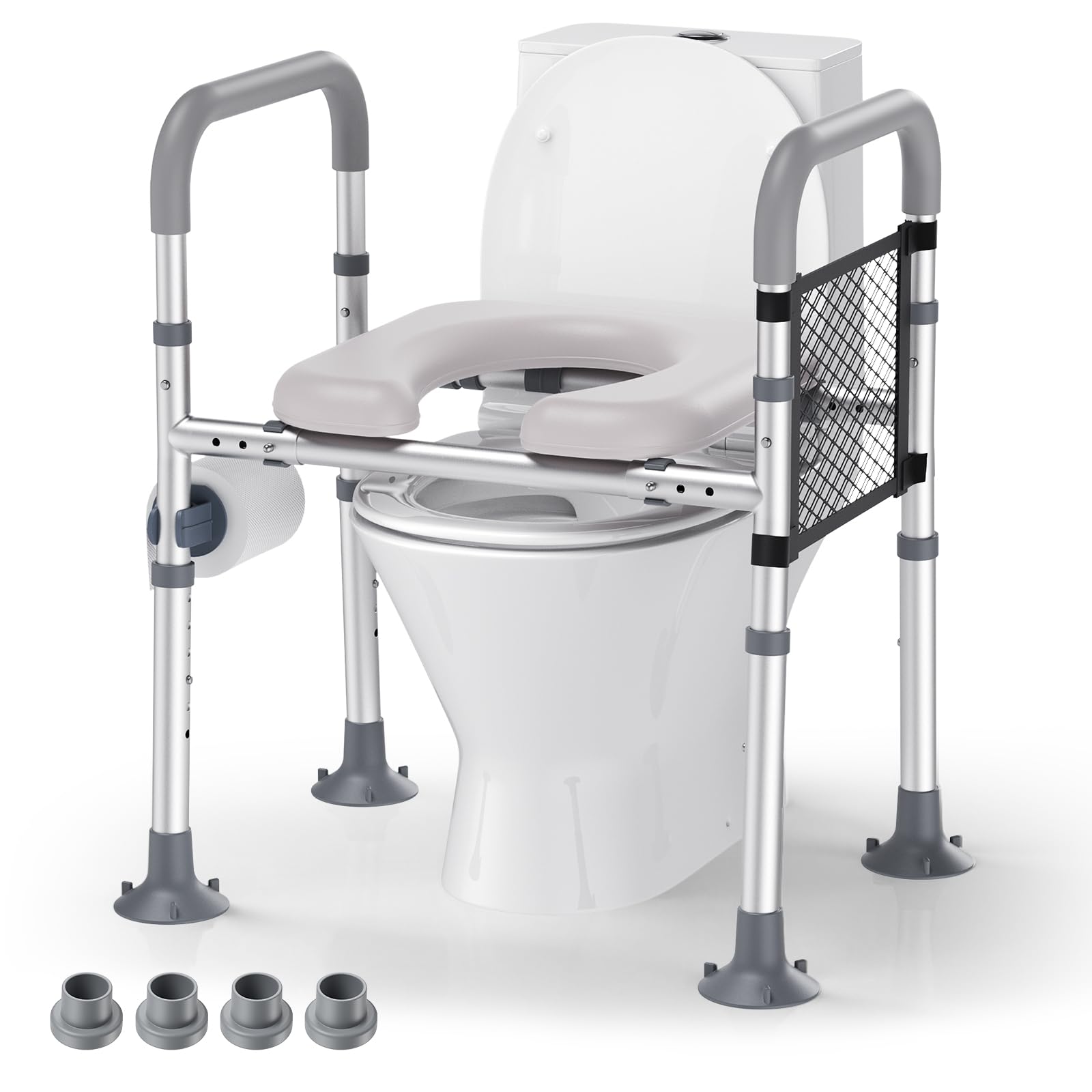 Rialzo WC per Anziani, Alzata per WC con Altezza e Larghezza Regolabili, Alza Water x Anziani con Braccioli per Anziani, Seduta Imbottita e Telaio in Alluminio, Adatto a Qualsiasi WC, Portata 150 kg