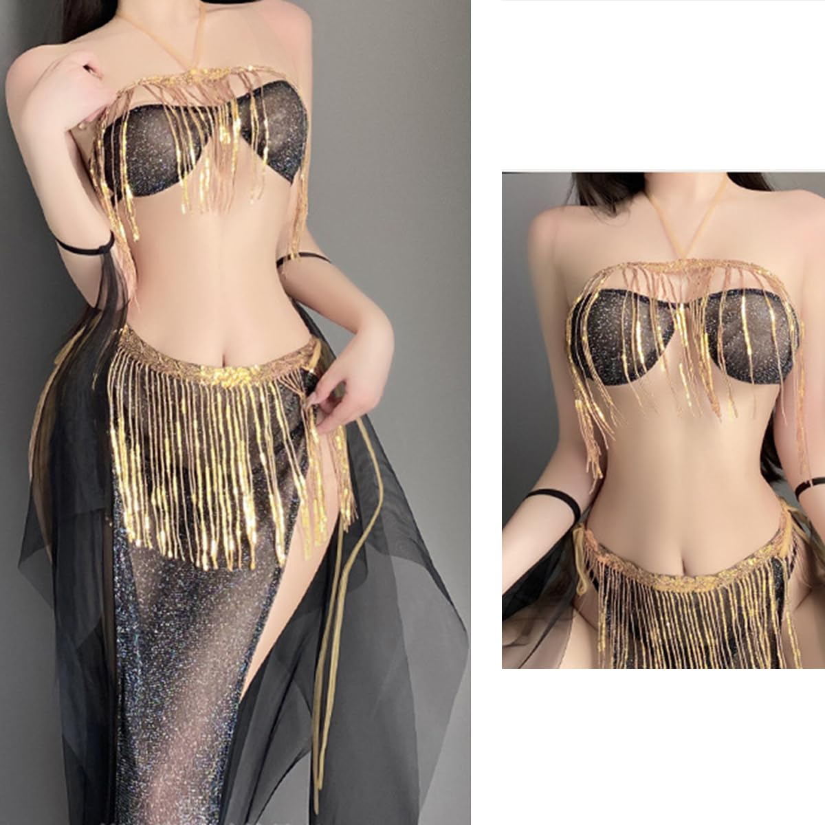 SNOMYRS Rave strój seksowna bielizna cosplay frędzle cekiny zestaw bikini koronkowa spódnica z siateczki okrycie Qipao Cheongsam egipskie kostiumy, czarny