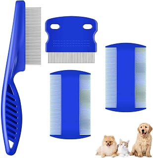 Brillirare 4-Pack Flea Lice Combs for Dogs Cats - Stainless Steel Double-Sided Pet Grooming Kit, Rounded Teeth Tear Stain Remover, Safe Dematting Tool