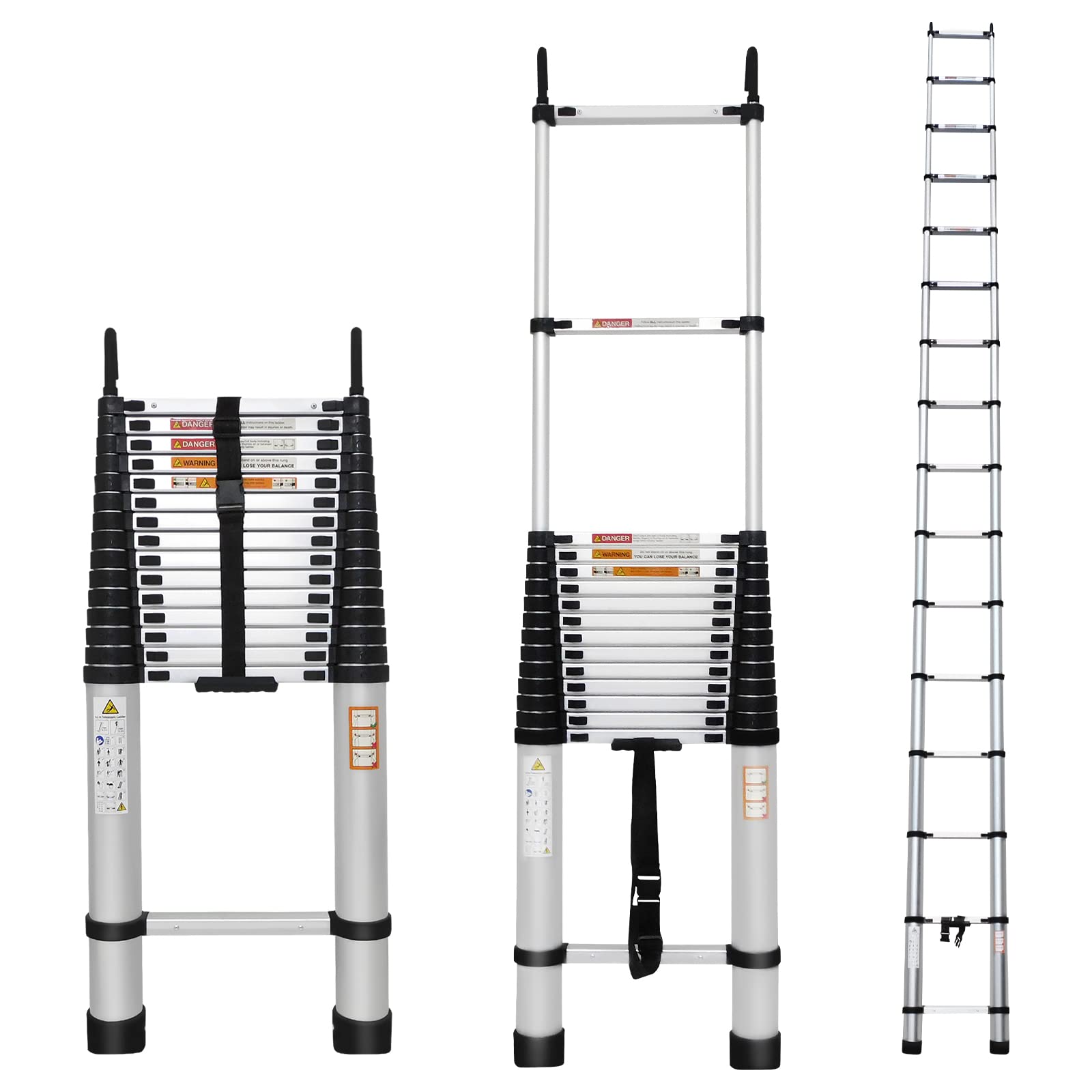 6.2M Aluminum Telescoping Ladder with Detachable Hooks Telescopic Extension Ladder Retraction Collapsible Ladder Portable Folding Lightweight, Capacity 330LBS
