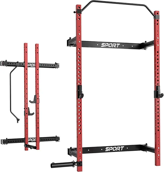 GarveeLife Folding Squat Rack for Home Gym, 2.36" x 2.36" Folding Power Rack with Pull Up Bar, J Hooks and Landmine Attachments, 1000 LBS Capacity Wall Mounted Squat Rack, Space Saving Weight Cage