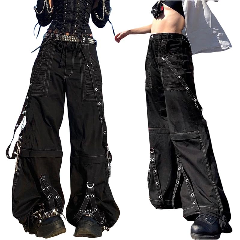 FEORJGP Womens Gothic Punk Cargo Pants High Waist Flare Pants Chic Wide Leg Baggy Jeans Halloween Trousers Y2K 90s Streetwear3