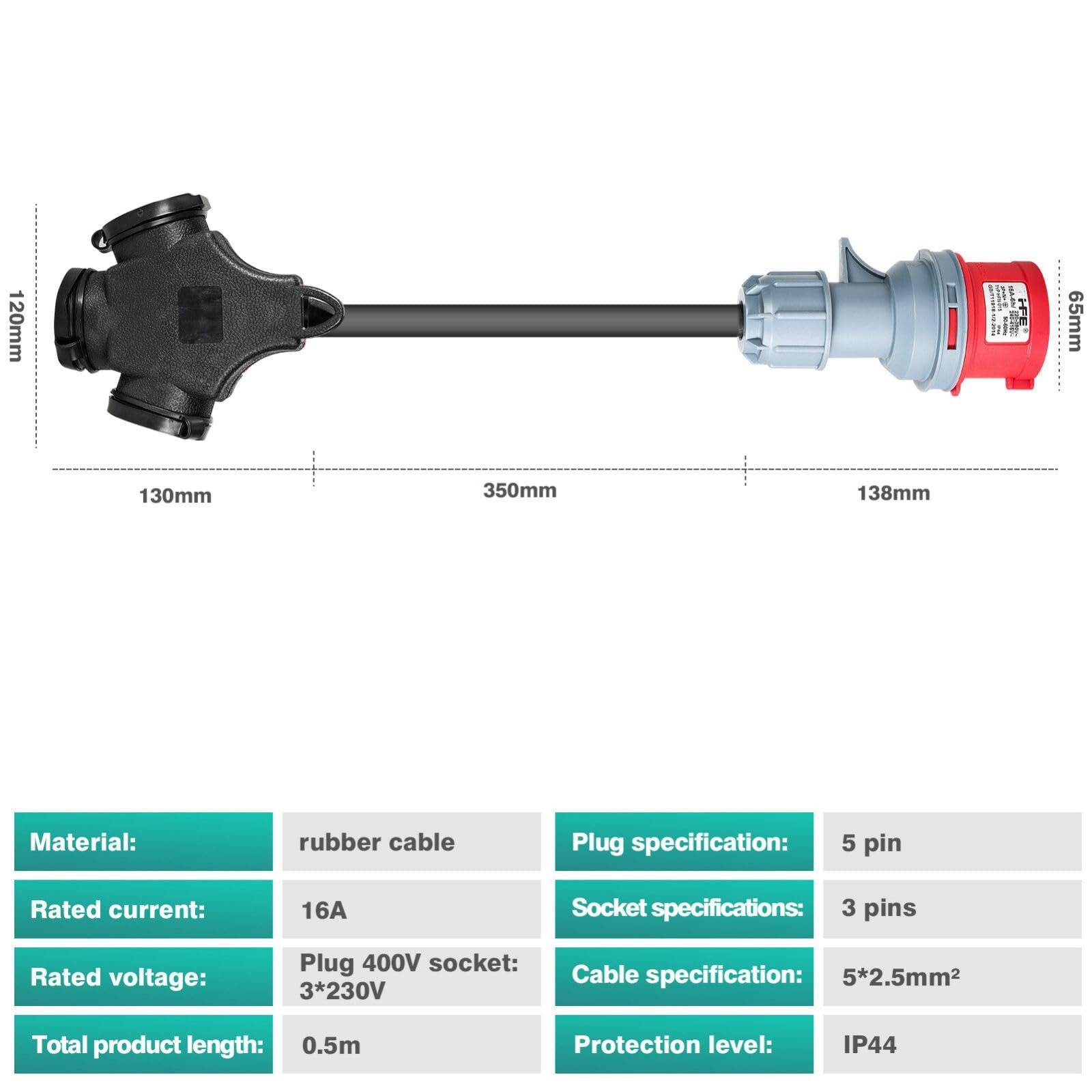 Jadeshay Enchufe Camping 16A 400V Adaptador Industrial con Toma Schuko y Enchufe CEE 5 Pines Cable Adaptador IP44 Impermeable Adaptador Industrial para Exterior Obra de Construcción Caravana Barco