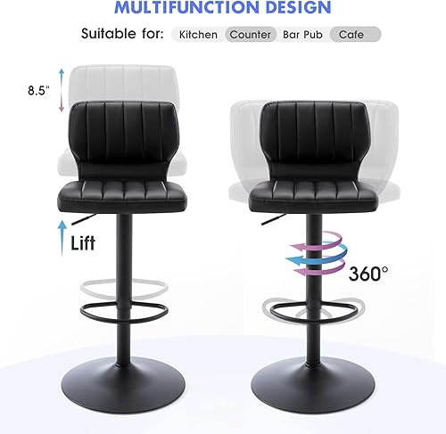 Miniatura 6 de Brage Living Juego de 2 taburetes de bar ajustables, modernos taburetes de bar giratorios de piel sintética con respaldo, sillas de barra de altura