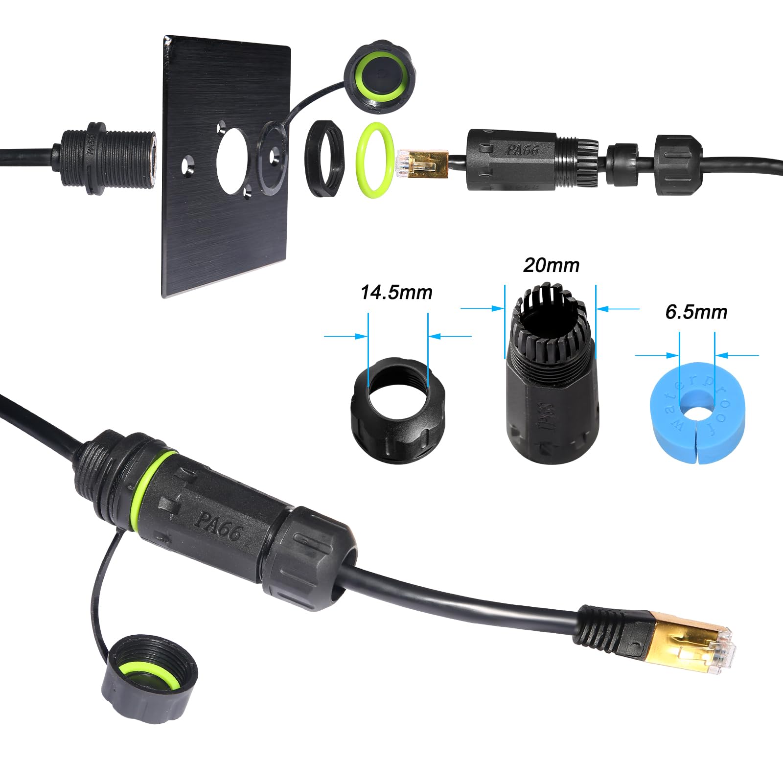 RJ45 Wasserdichter Stecker, IP67-Kabelverbinder, Panelmontage, Kupplung Buchse auf Buchse, mit Abschirmungskabel-Koppler, CAT6-YMP20, 2 Stück (geschirmt)