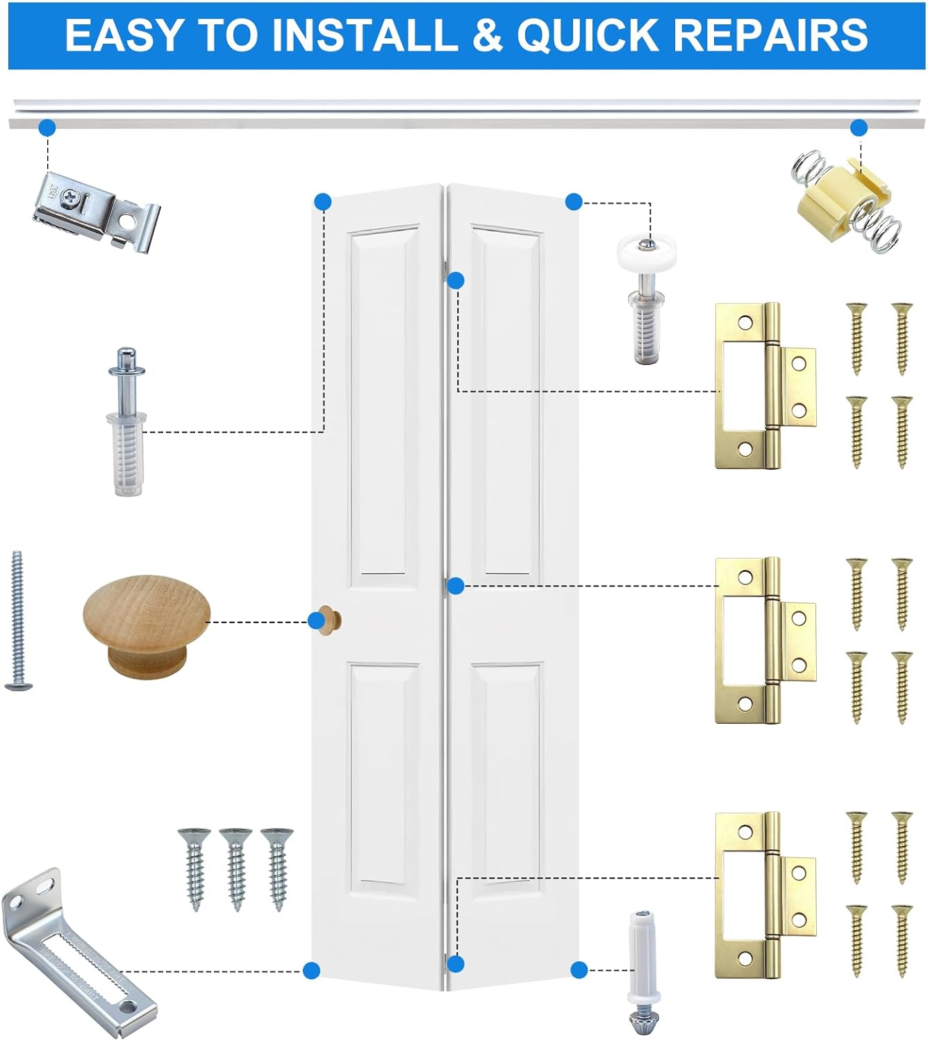 Bifold Door Hardware Kit with 48-inch One-Piece Track, Bi-fold Closet Door Track Kit, Bifold Closet Door Hardware Kit, Folding Door Hardware Repair Replacement Tool Kit (48 INCH)