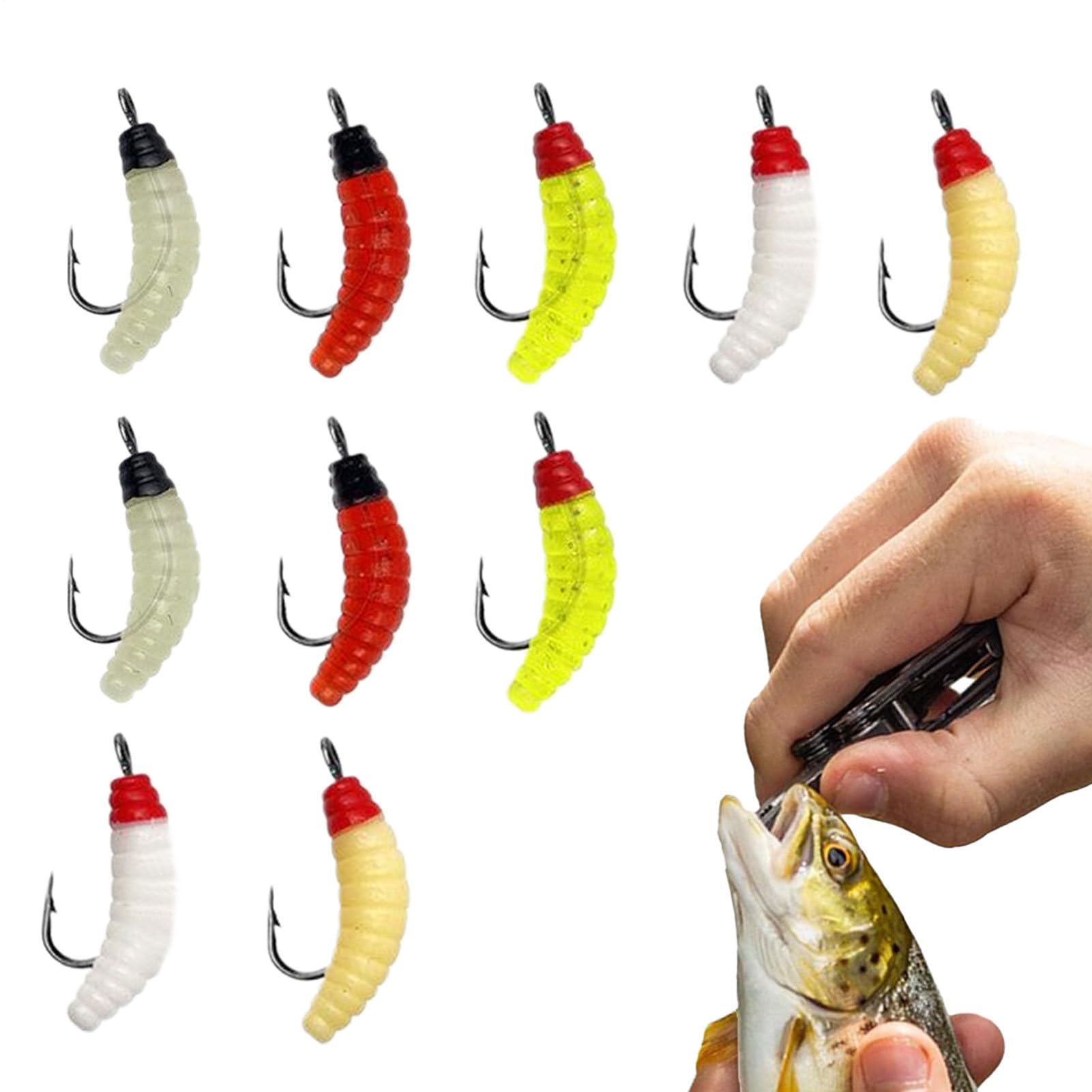 Appât Souple Asticot | Hameçons Leurres pour Bar | 10 Leurres Artificiels pour Étangs et Lacs Outils de Pêche Portables