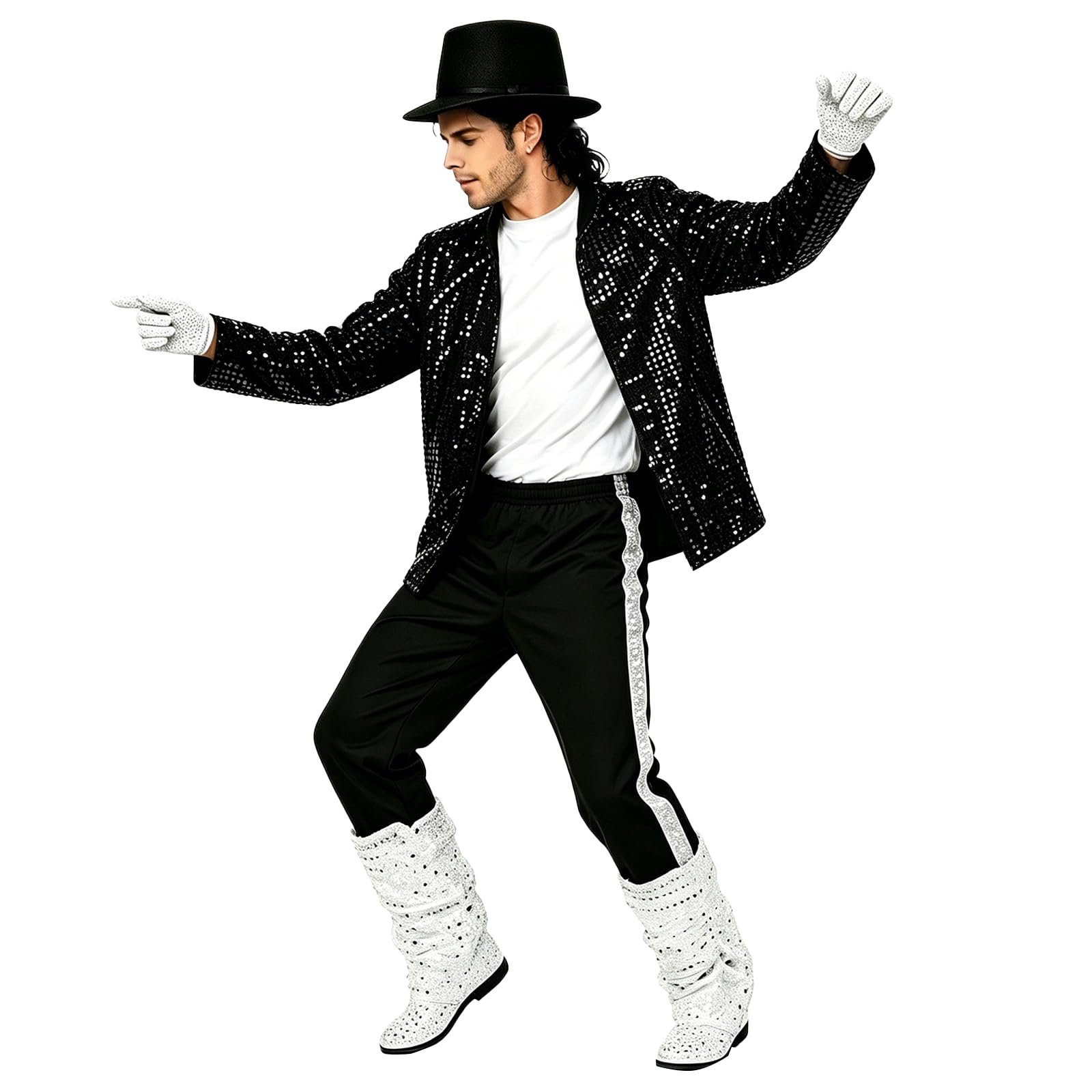 Jackson-Style Outfit for Adults Unisex Full Sequin Set Black Jacket Trousers Hat Gloves Socks for 80s Fancy Dress Party and Cosplay