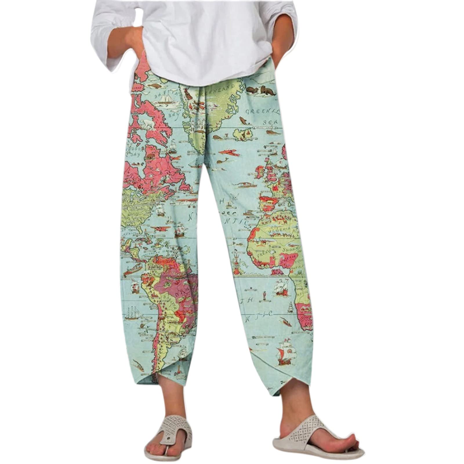 Thatso Women Cotton Linen Pants Summer Comfy Wide Leg Cropped Trousers with Pockets Yoga Lounge Loose Fit Capris Pants