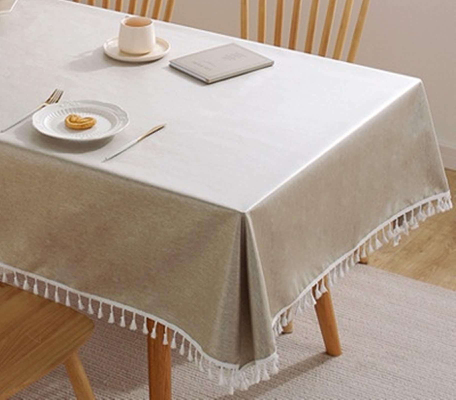 Mantel Lavable Rectangular Caqui Exterior, Color Sólido con Borlas, de Poliéster Fácil de Limpiar, 135 x 220 cm, Mantel para Hotel