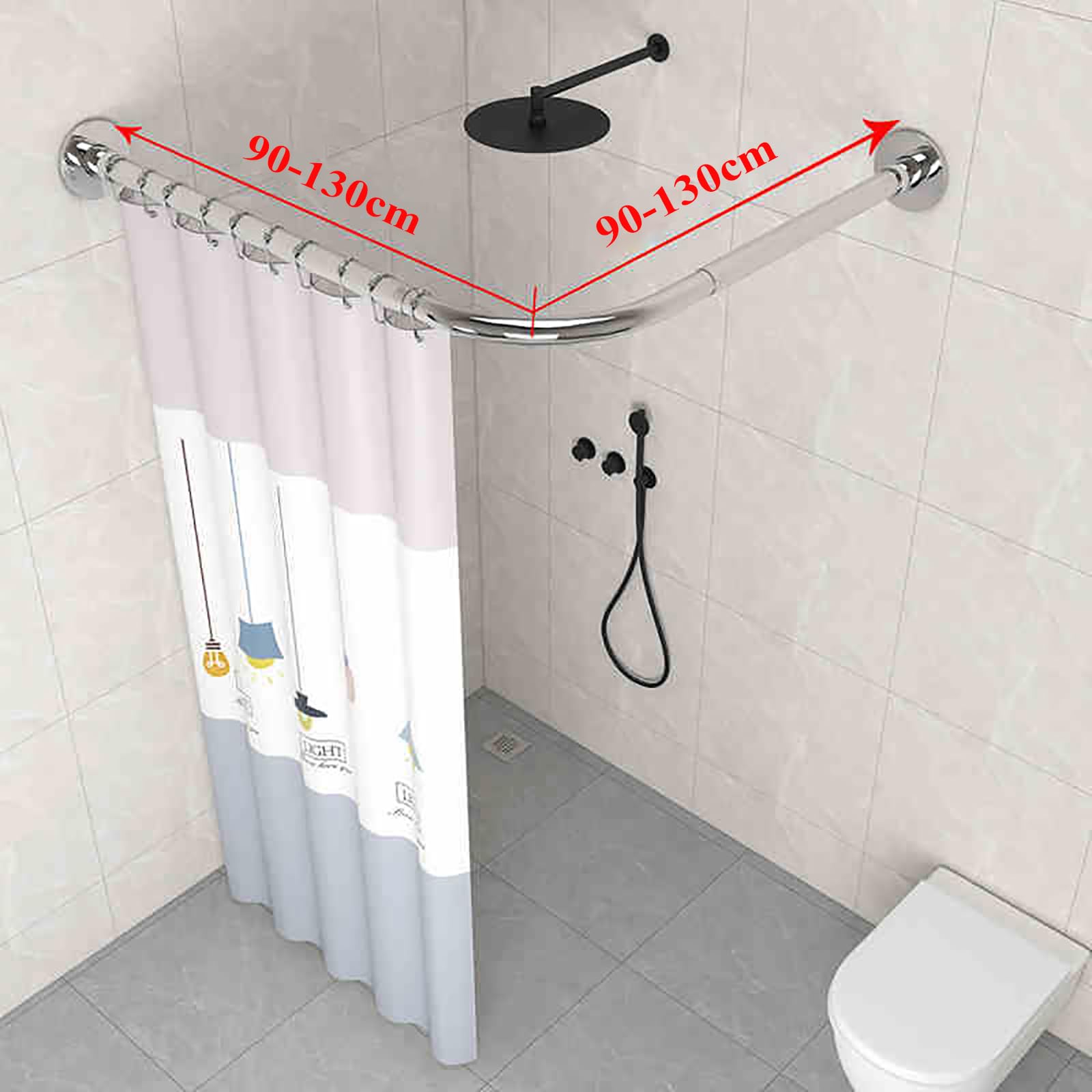 Barra de ducha extensible plateada – Barra curvada L-Sd sin taladro, instalación de 90-130 cm para baños y bañeras, perfecta para uso doméstico y tienda de ropa