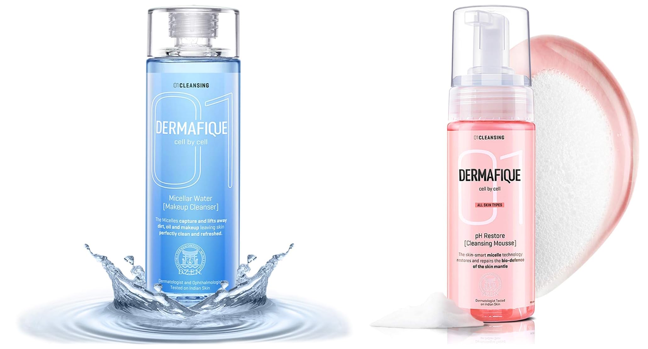 Dermafique Ph Restore Cleansing Mousse, Pink, 150ml And Dermafique Micellar Water Makeup Cleanser, Blue, 150ml
