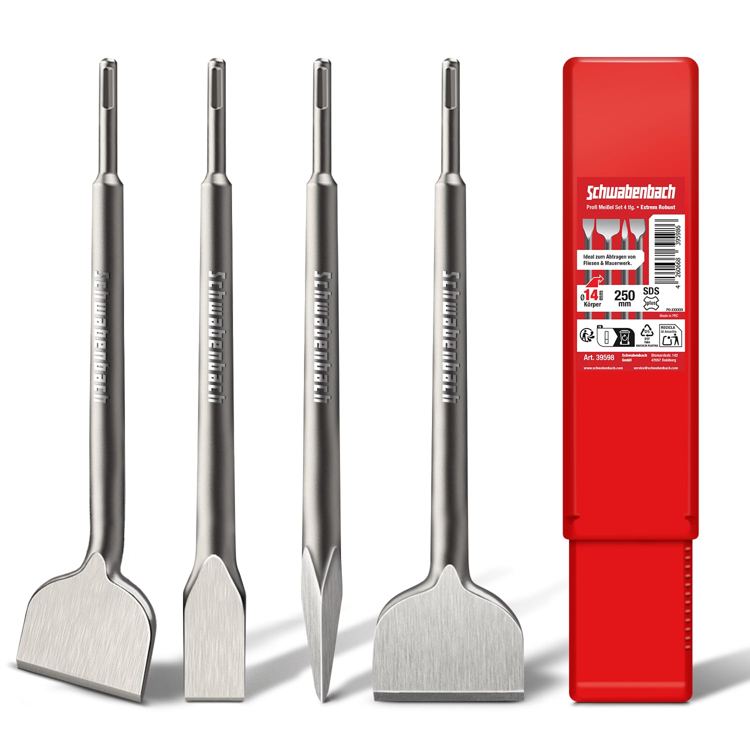 SCHWABENBACH® SDS Plus - Set di 4 scalpelli da 250 mm, scalpello piatto da 50 mm, scalpello piatto da 50 mm + 25 mm + scalpello a punta - Scalpello SDS-Plus universale per martelli perforatori
