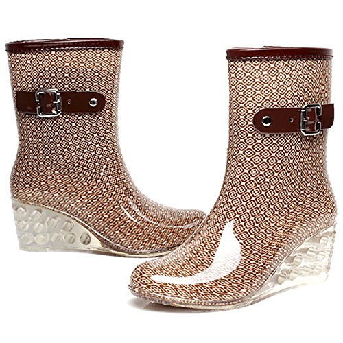 Odema Women's Mid Calf Rain Boots Buckle Side Zipper Wedge High Heel Waterproof Shoes Snow Wellies Bootie #TOP2