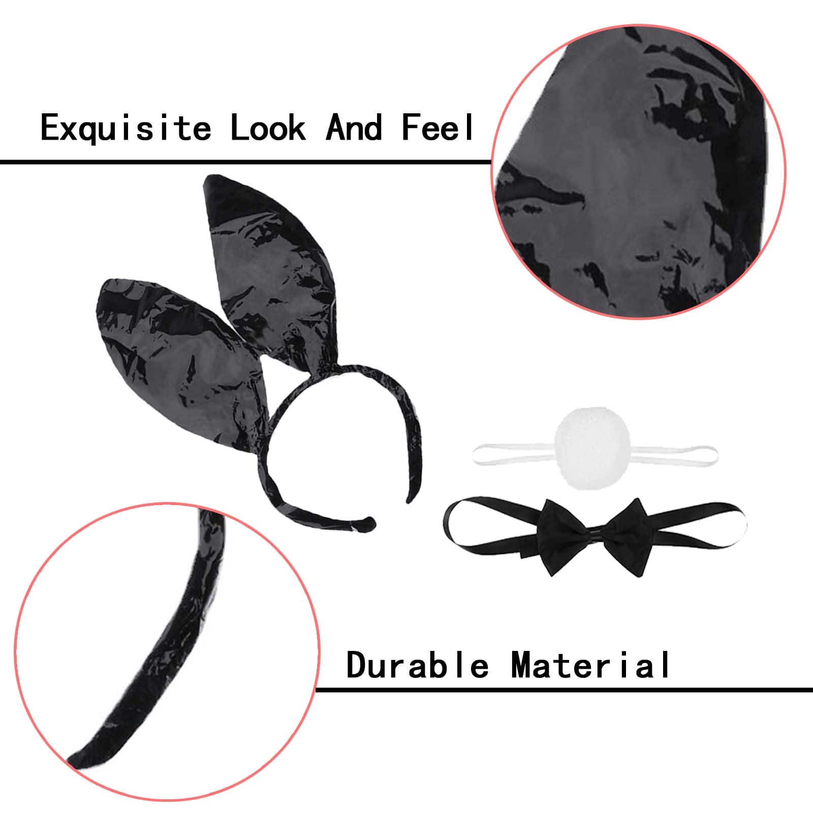 WTpin 6 stuks hazenoren en staartset, hazenoren voor carnaval, zwart, paashaas, hoofdband, hazen, cosplay, oren, haarband met vlinderdas, bunny-oorbellen, paashaas-oorset, Pasen, carnaval, cosplay