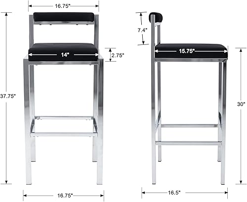 Miniatura 2 de ZSARTS Juego de 2 taburetes de bar de terciopelo negro, sillas de bar de 30 pulgadas de alto, modernos taburetes de bar plateados con respaldo de