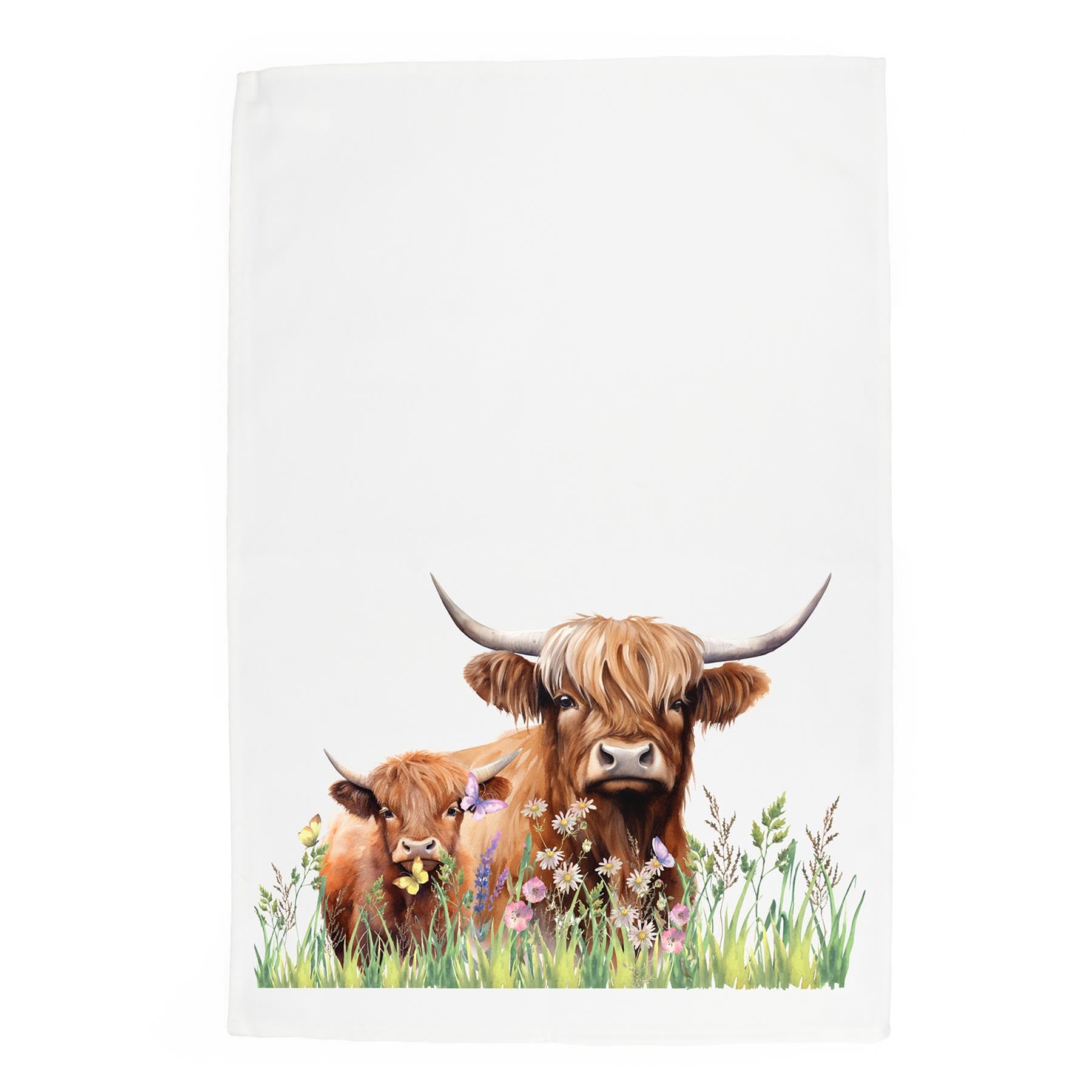 Purely Home Brown Highland Cow & Calf Tea Towel - Farmyard Animals Panama Cotton Kitchen Dish Towel/Drying Cloth - 67Cm X 45Cm