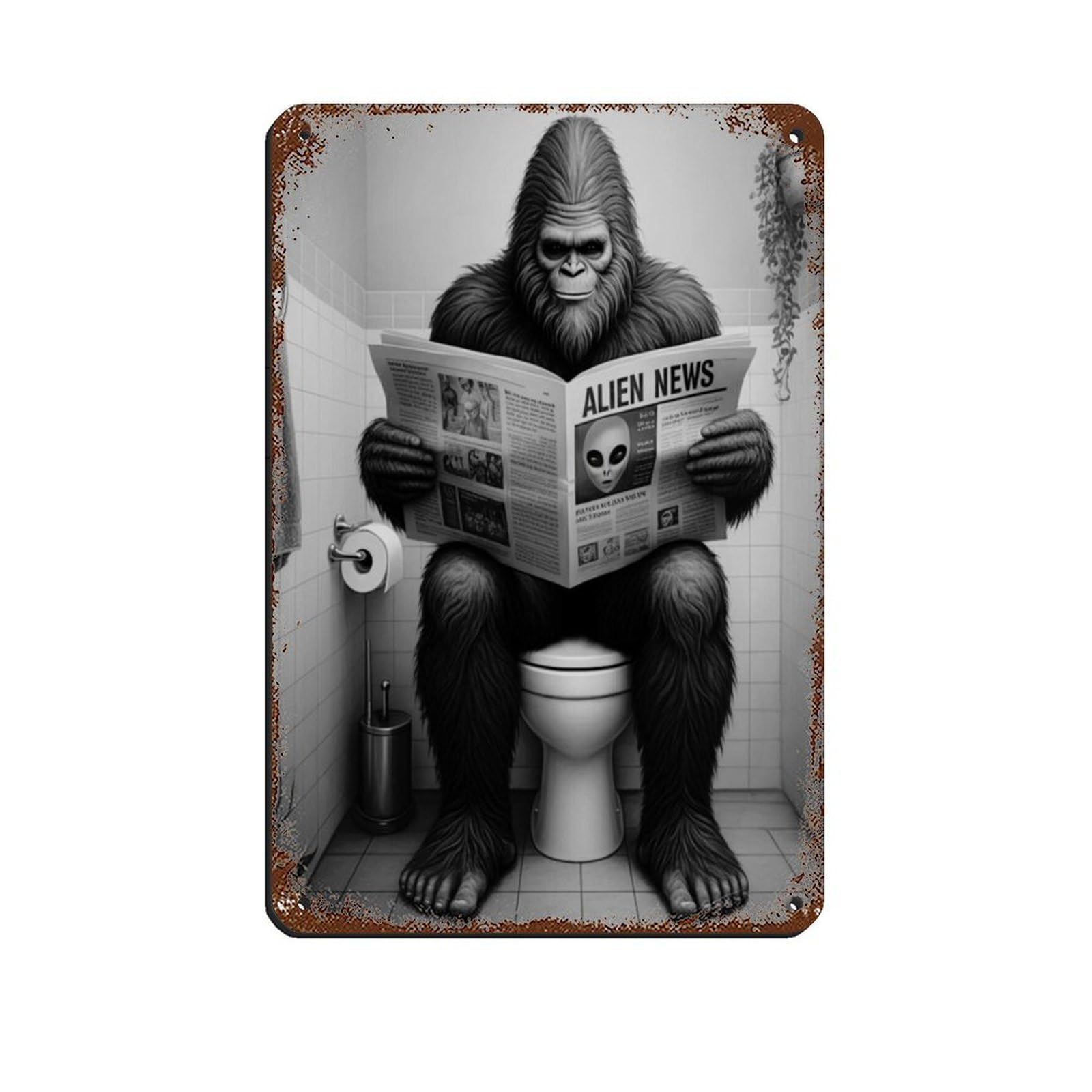 Bigfoot Sitting on Toilet Bathroom Art Retro Poster Metal Tin Sign Chic Art Retro Iron Painting Bar People Cave Cafe Family Garage Poster Wall Decoration 8x12inch(20x30cm)