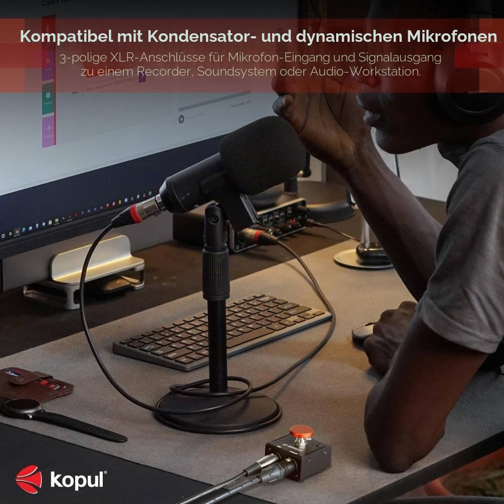 Momentane Mikrofonstummschaltung/Sprechtaste – Push-to-Talk oder Push-to-Stummschaltung, LED-Anzeige, XLR-In/Out, Desktop- oder Fußschalter, für dynamische Mikrofone und Kondensatormikrofone für
