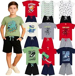 Kit Sortido 10 Peças de Roupas Infantil Menino Kit 5 Conjuntos Infantil (5 Camiseta + 5 Shorts)