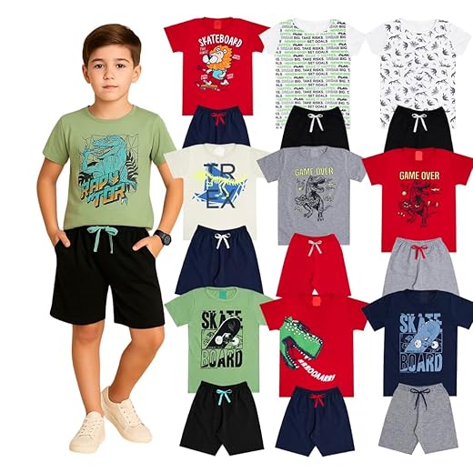 Kit Sortido 10 Peças de Roupas Infantil Menino Kit 5 Conjuntos Infantil (5 Camiseta + 5 Shorts)