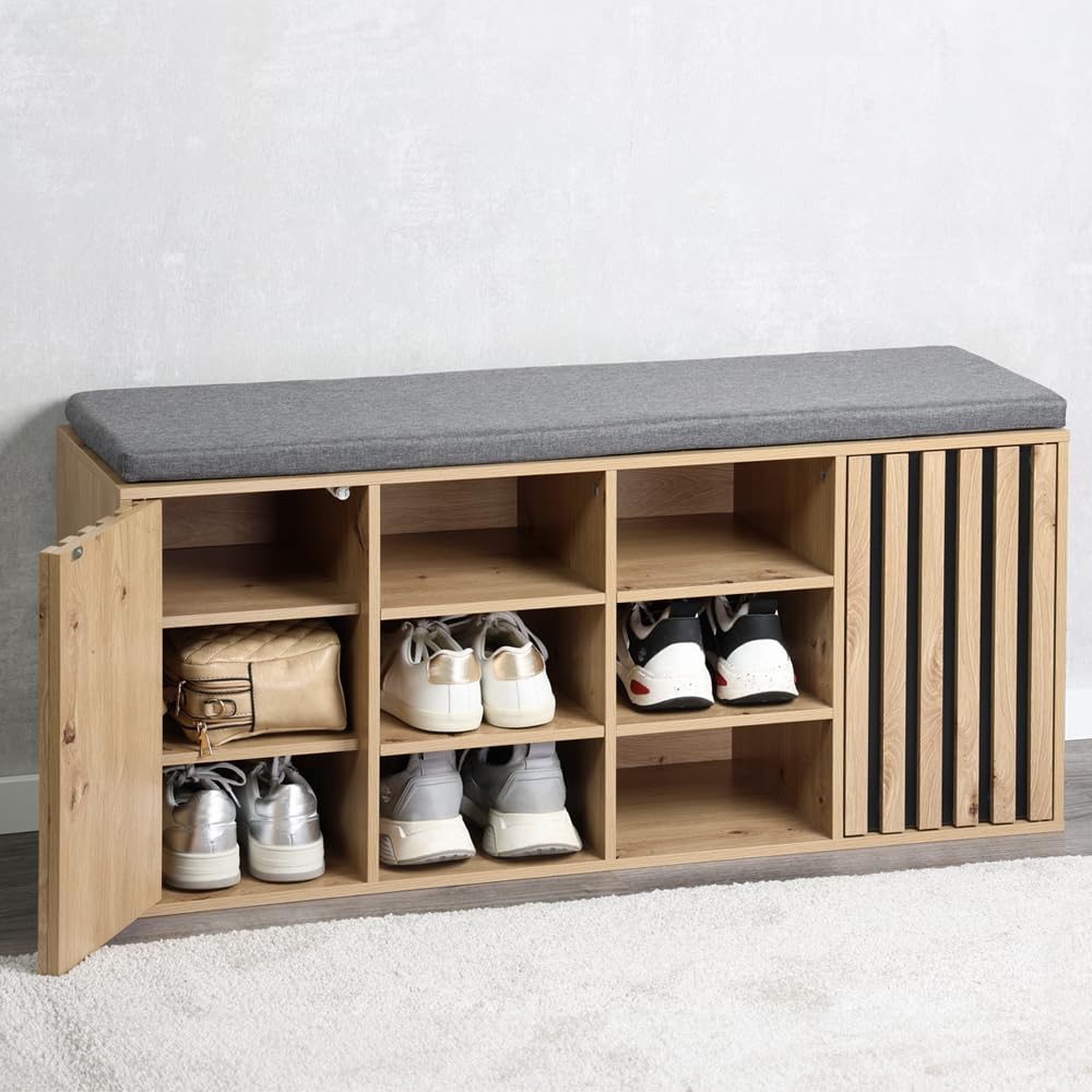 Kesper | Schuhschrank mit Sitzkissen, Material: FSC®-zertifizierte Spanplatte, Maße: B: 103 x H: 48 x T: 30,5 cm, Farbe: Sonoma Eiche Optik, Grau | 1594713