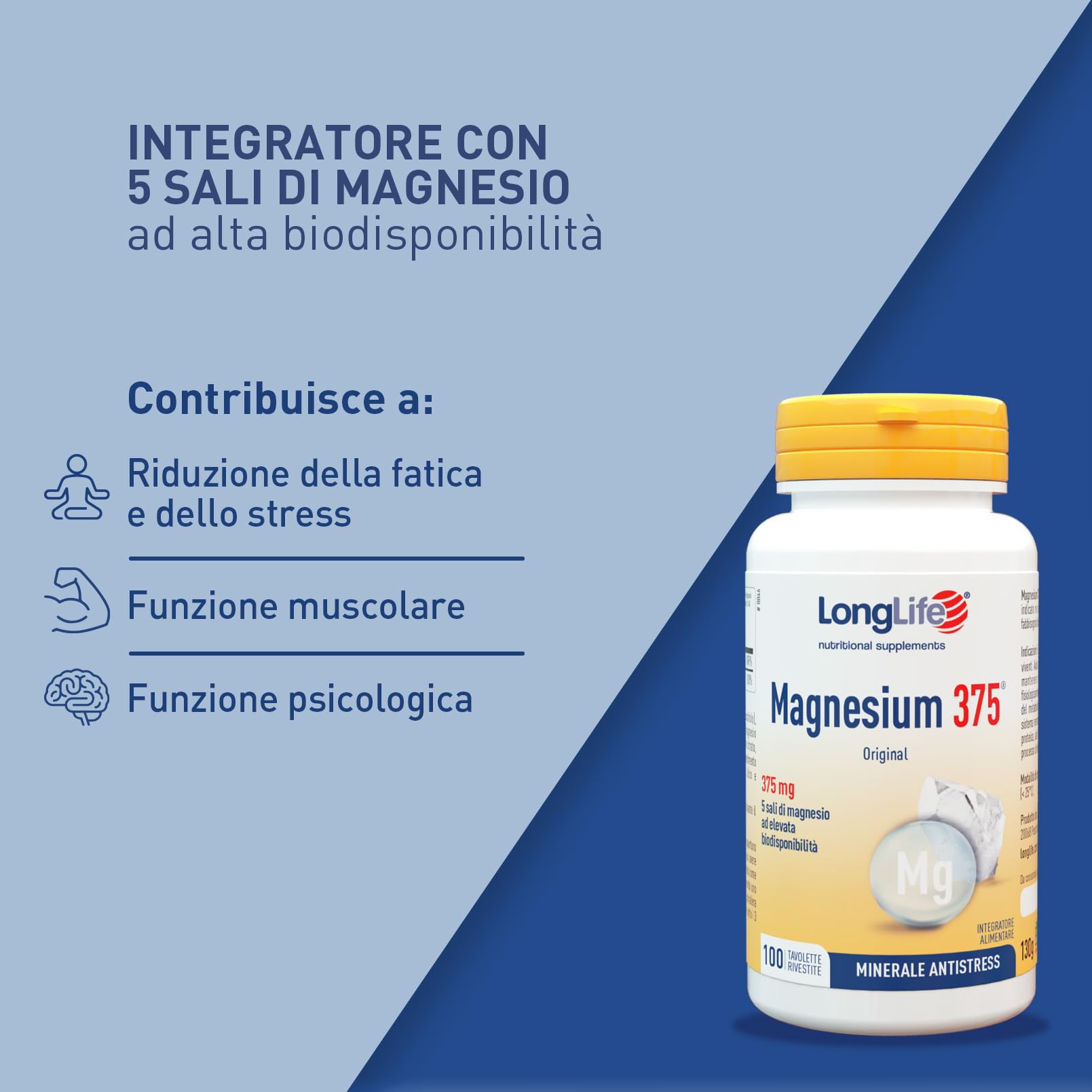 LongLife Magnesium 375® | 5 sali di magnesio | Alto dosaggio | Integratore magnesio antistress | 100 tavolette | Oltre 3 mesi di trattamento | Vegano e senza glutine