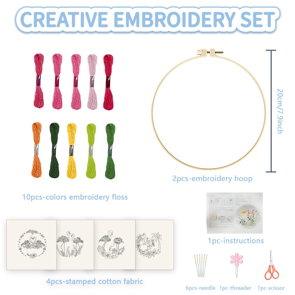FREEBLOSS 4 Set 8'' Roses Embroidery Kit Flamingo Stamped Pattern Hand Embroidery Kit Embroidery Starter Kit with Detained Instructions Cross Stitch Kit includes Embroidery Hoops, Color Threads