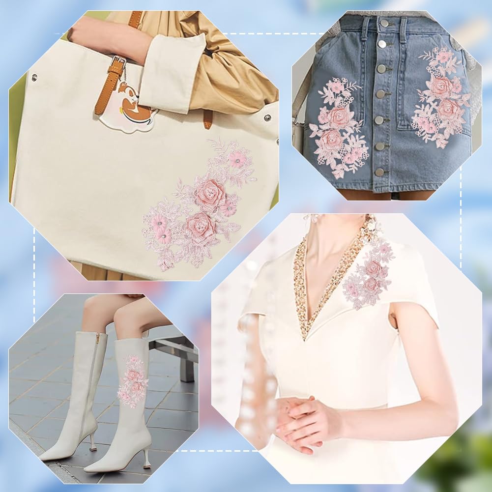 2 Toppe Ricamate 3D In Pizzo Con Perline Floreali - Rosa, Per Cucire Su Vestiti E Jeans - Foto 3