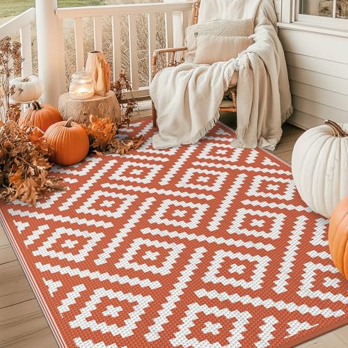 Image of GENIMO Fall Decor Outdoor Rug, Plastic Rugs for Patio, 6'x9' Orange White