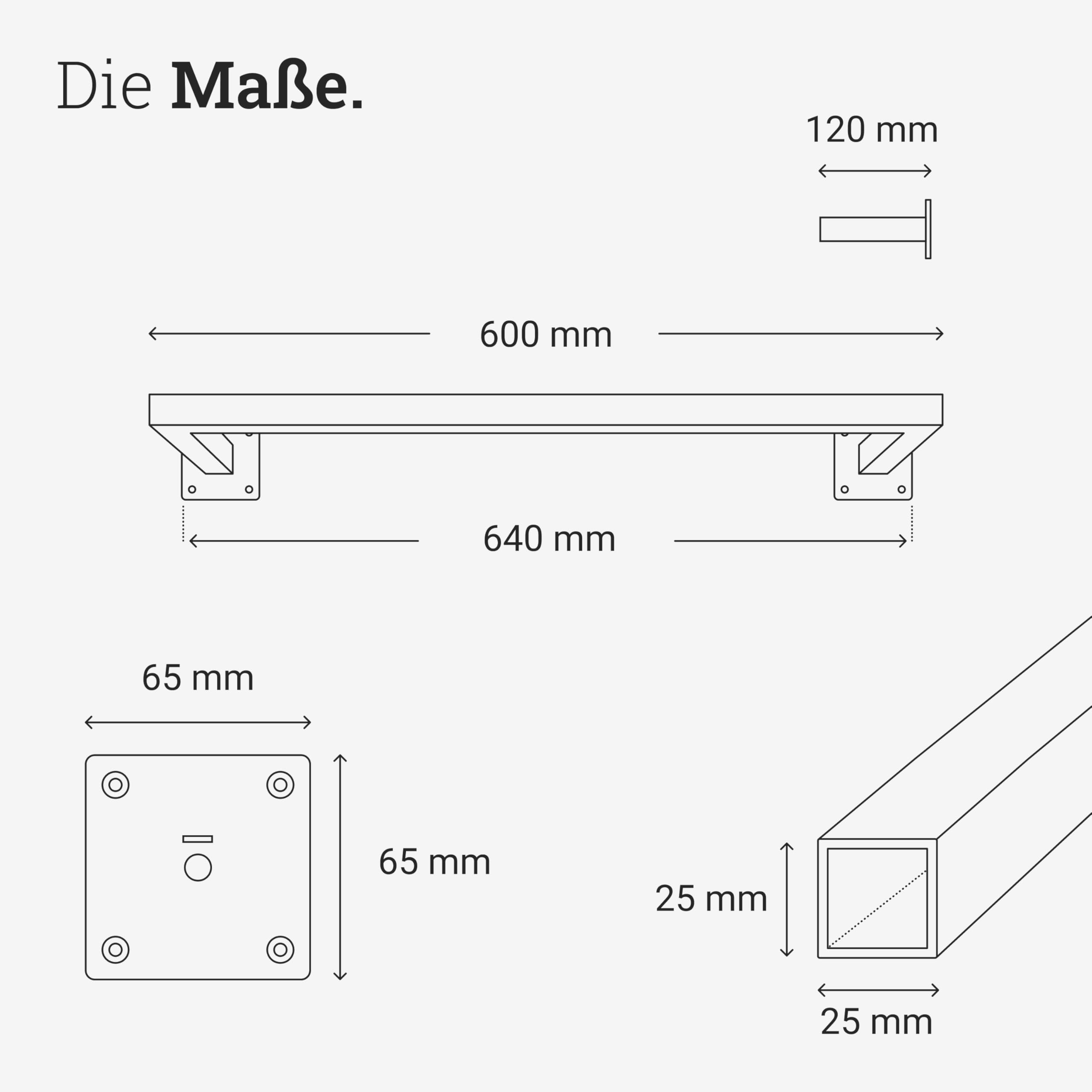 Natural Goods Berlin 1x Kleider-Stange RECHTECK | Einfache Wand-Montage | Kleider-Stangen aus Metall in Schwarz | Wand-Garderobe 60x12 cm