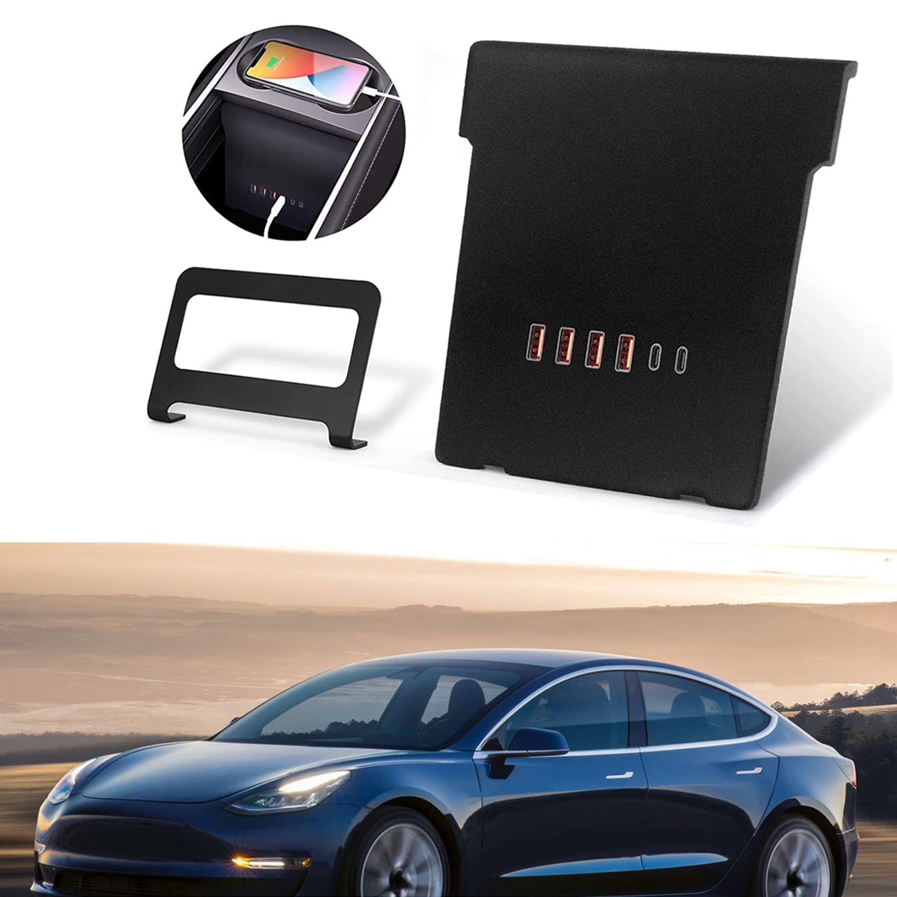 MASLIBRE Tesla Docking Station for Model 3/Y 2021-2022 with Restore Data Transfer Function, 6-in-1 Tesla Hub 4 USB Ports + 2 PD Ports, 65 W Car Quick Charging Box Retrofit Accessories