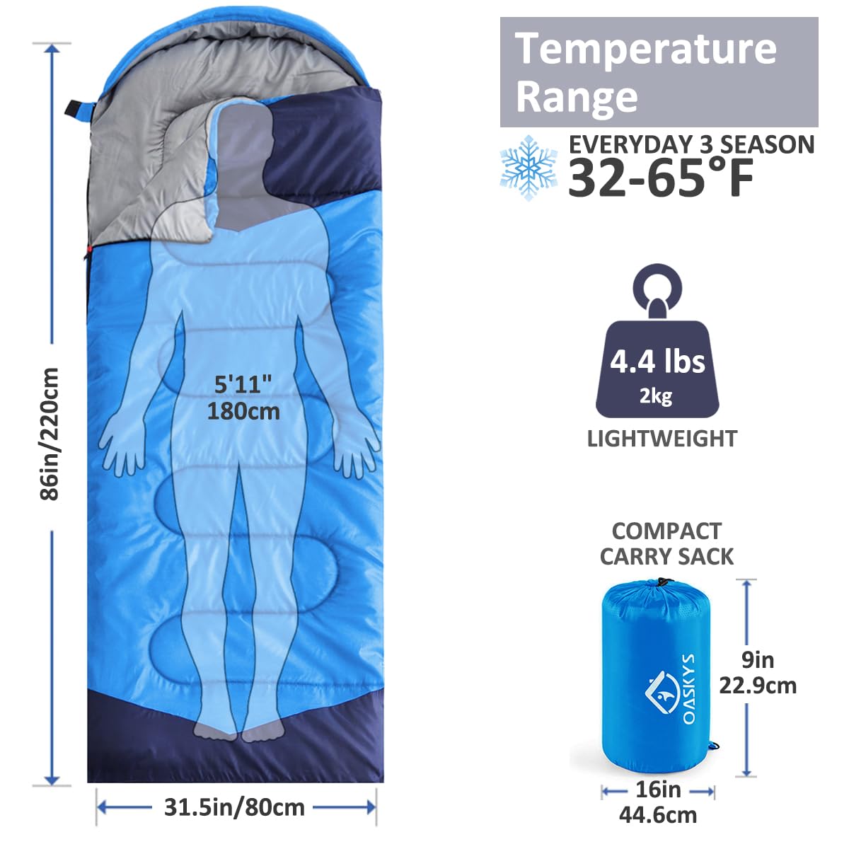 oaskys Camping Sleeping Bag Sacos de Dormir para Adultos y niños, Exterior