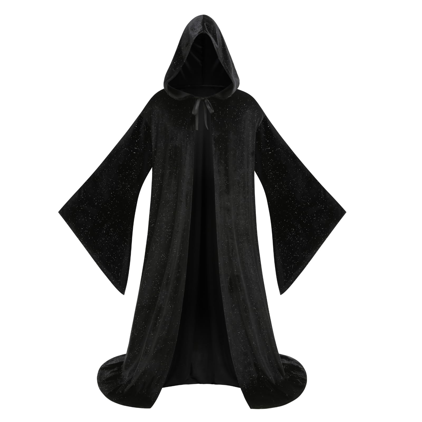 DELIVESS Unisex Wizard Robe Gold Stamping Hooded Wizard Cloak Shiny Cape for Halloween Costume Party Cosplay Outfit (Gold Stamping Black, 140CM)