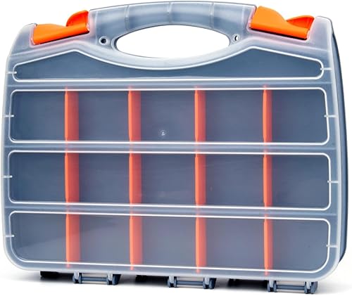 FOLIV Organizador de almacenamiento de hardware de doble cara naranja con divisores extraíbles, 30 compartimentos, caja de almacenamiento portátil