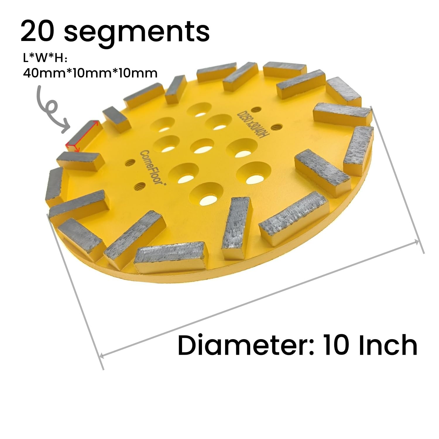 Placa de molienda de diamante de 10 pulgadas para suelo de hormigón, disco de 20 segmentos compatible con amoladoras Edco Husqvarna Blastrac MK, grano 30/40 de unión media