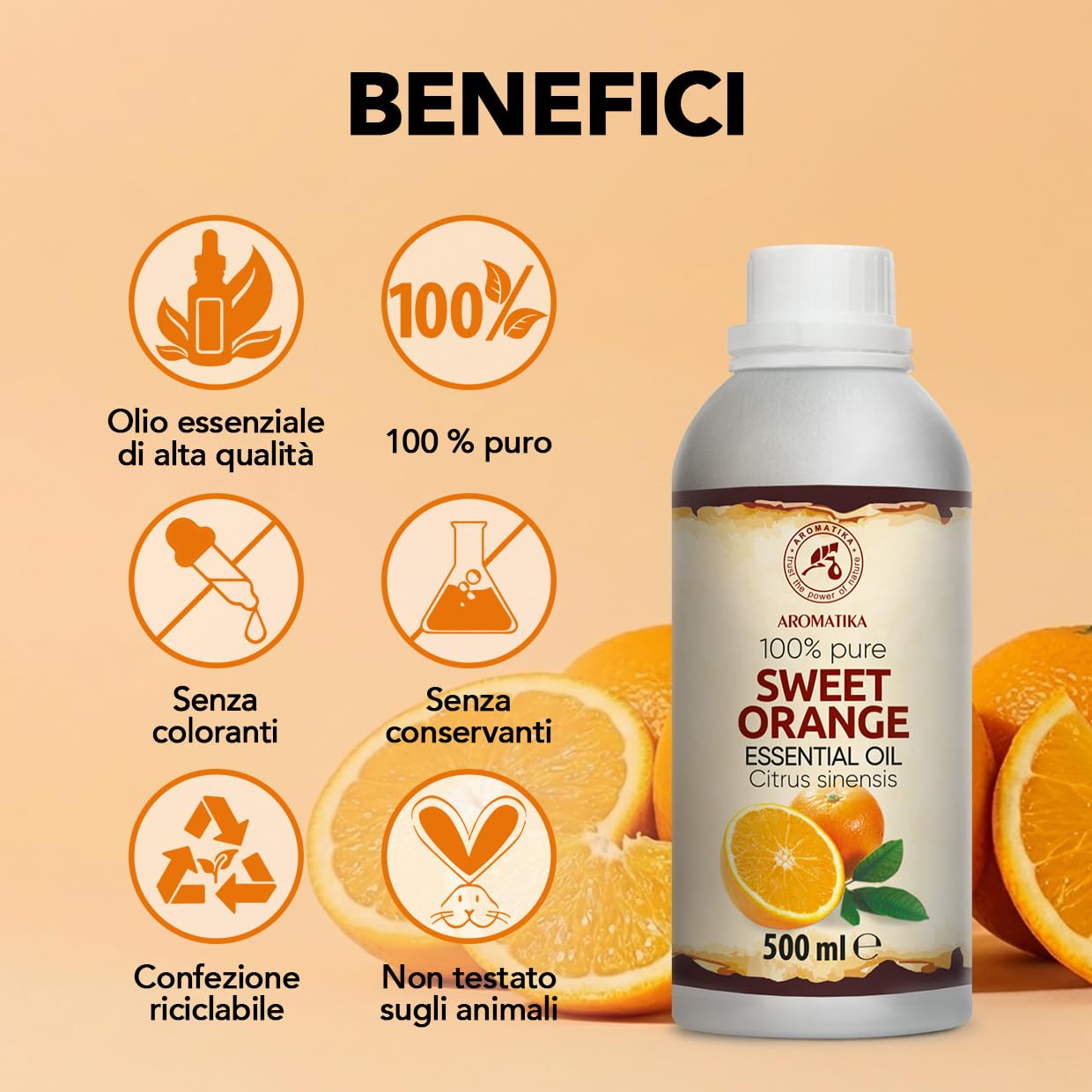 Olio Essenziale di Arancia Dolce 500 ml - Citrus Sinensis - Naturale e Puro - Olio di Arancia per Diffusori - Profumi per la Casa - Saponi e Candele - Sauna - Aroma di Agrumi - Aromaterapia