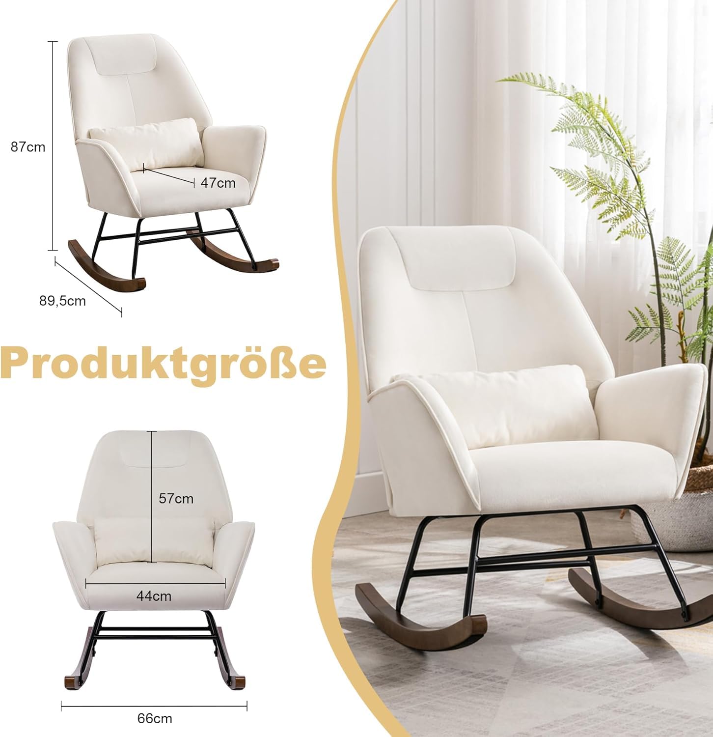 Schaukelstuhl Schaukelsessel Samt Sessel Wohnzimmer mit verdickte Kopfstütze und Holzsockel Moderne Polstersessel Relaxstuhl für Schlafzimmer Kinderzimmer Hotel Beige
