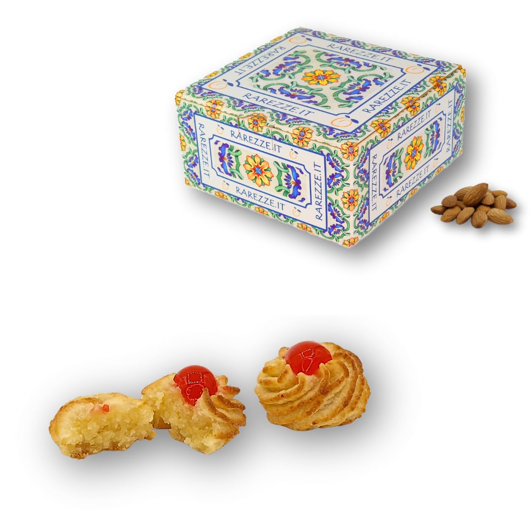 RAREZZE | Biscotti di Pasta di Mandorla Siciliana con Ciliegia | Deliziosa confezione regalo (gr.400) | Dolci tipici di Sicilia | Preparazione artigianale