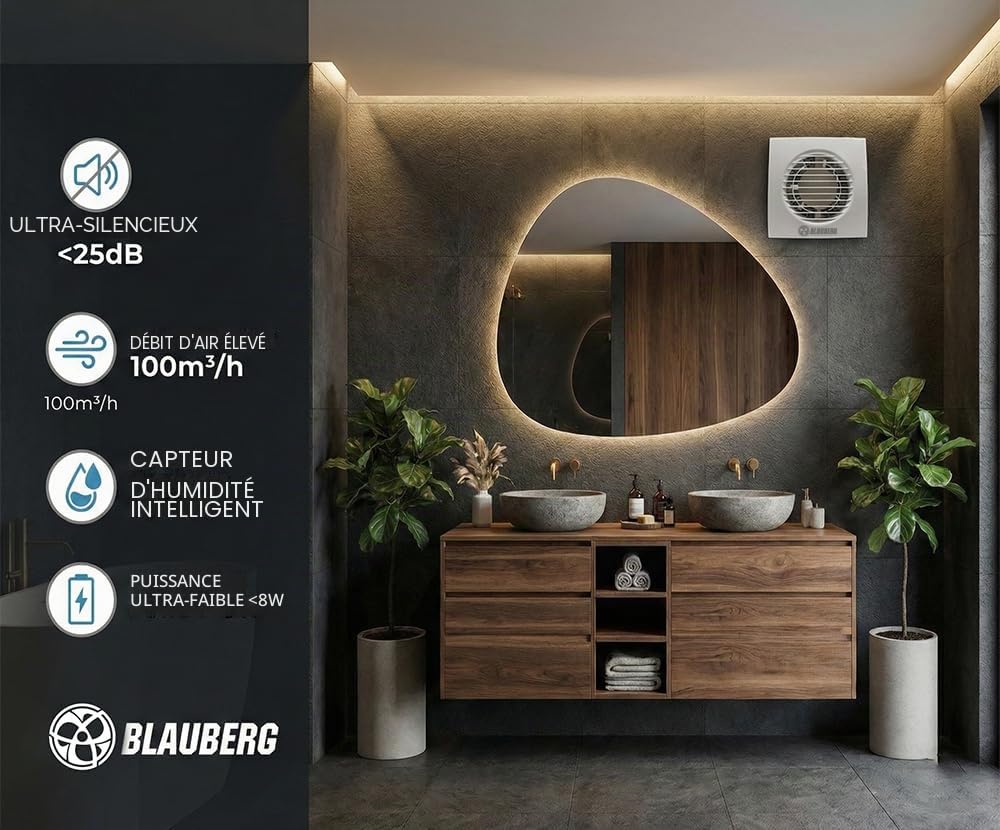Blauberg Ventilateur extracteur 100 mm avec capteur d'humidité et minuterie – Démarrage automatique 60–90% RH – Ventilation silencieuse pour salle de bains