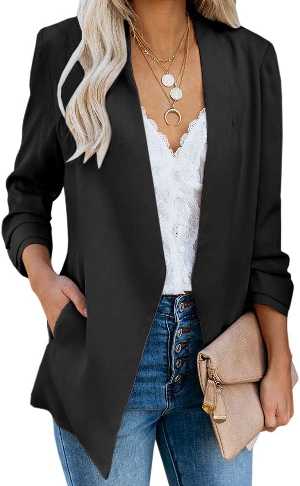 Womens Casual Blazer Ruched 3/4 Sleeve Open Front Relax Fit Office Lightweight Cardigan Jacket Blazers Coats