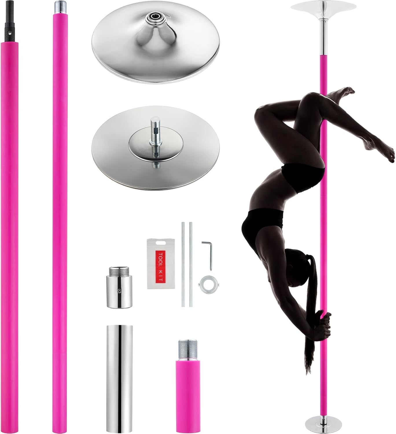 Happybuy Professional Dancing Pole Kit, 40mm Heavy-Duty Stainless Steel, Spinning Static, Portable & Removable, Height Adjustable, for Home Gym, Pink