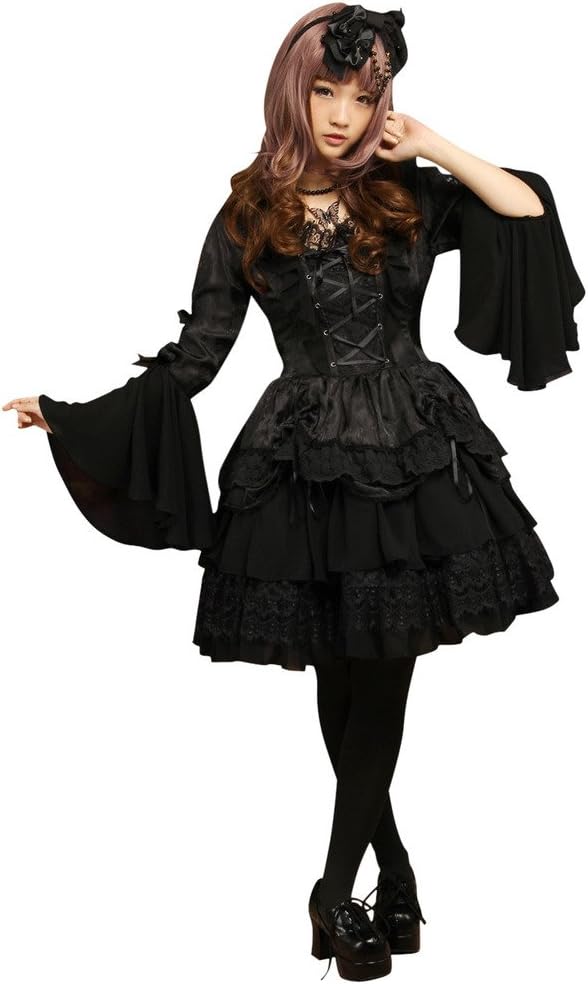 Hugme Gothic Black Chiffon Jacquard Cute Lolita One-Piece